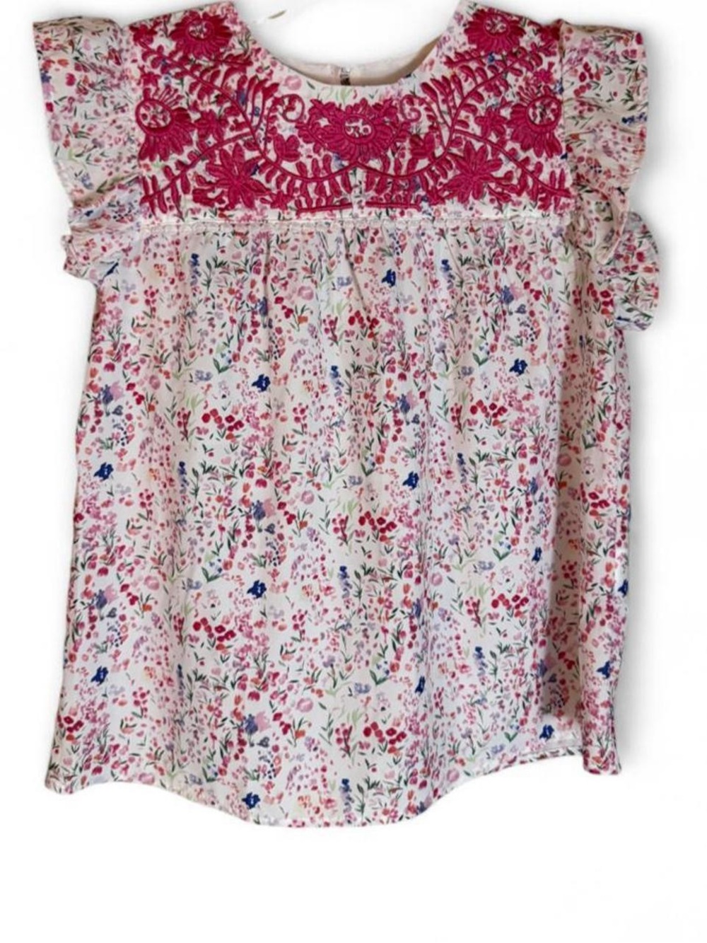 SHEIN White Floral Top with Pink Embroidered Yoke